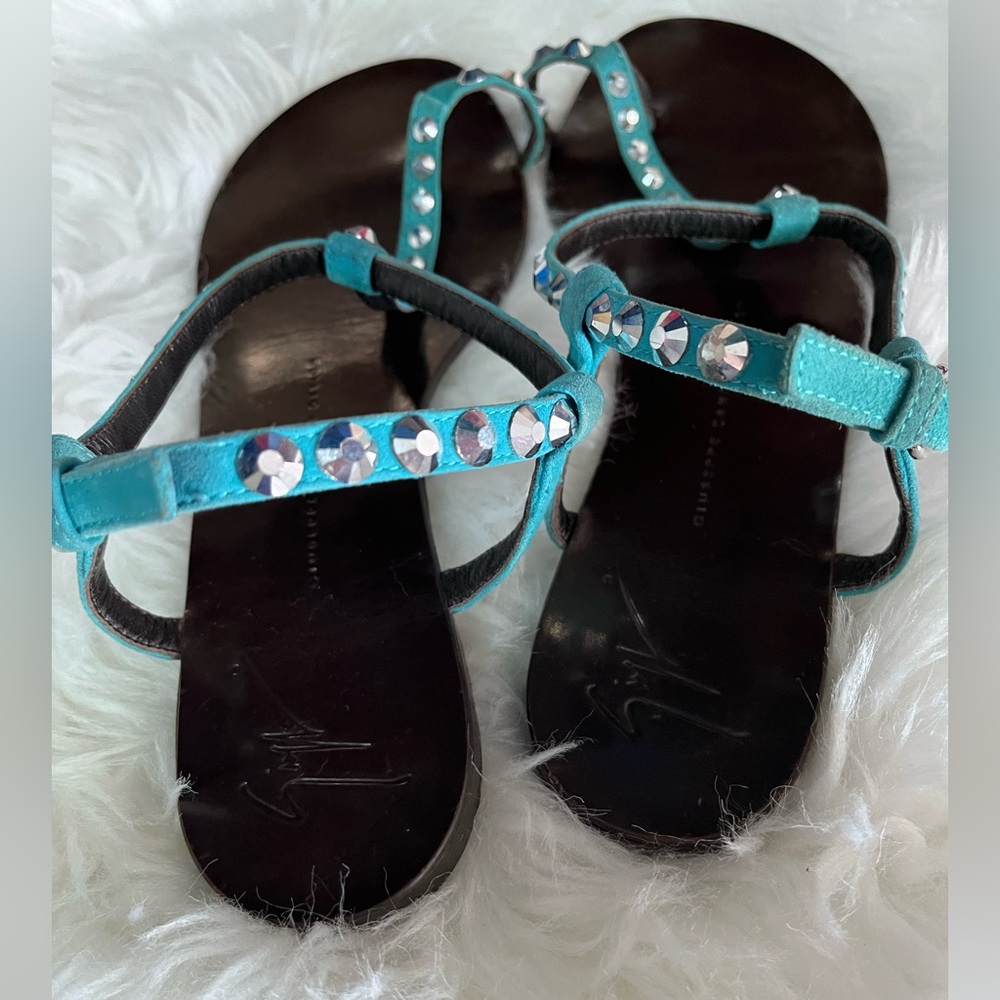 Giuseppe Zanotti Size 39 flat sandals blue suede straps adjustable ankle strap - Picture 8 of 13